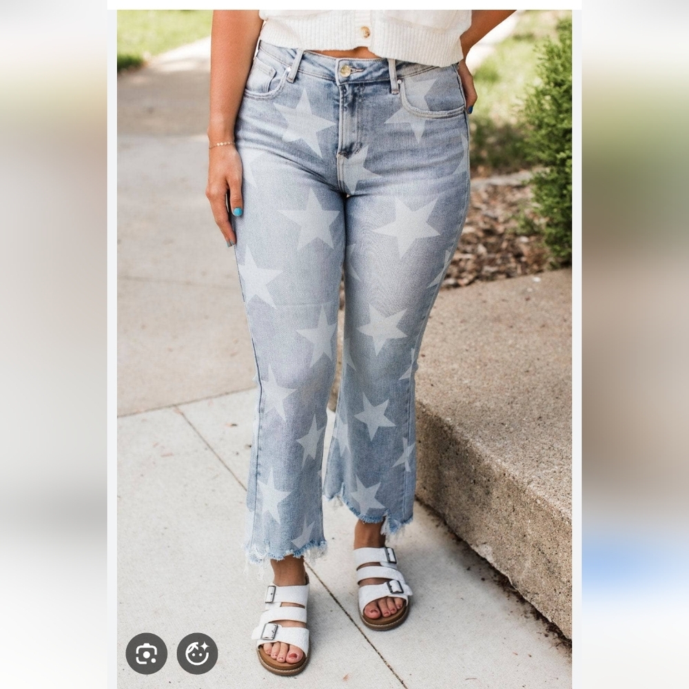 Risen Light Wash Star Highrise Crop Raw Hem Jeans Size 1xl Boho Festival - Picture 2 of 10